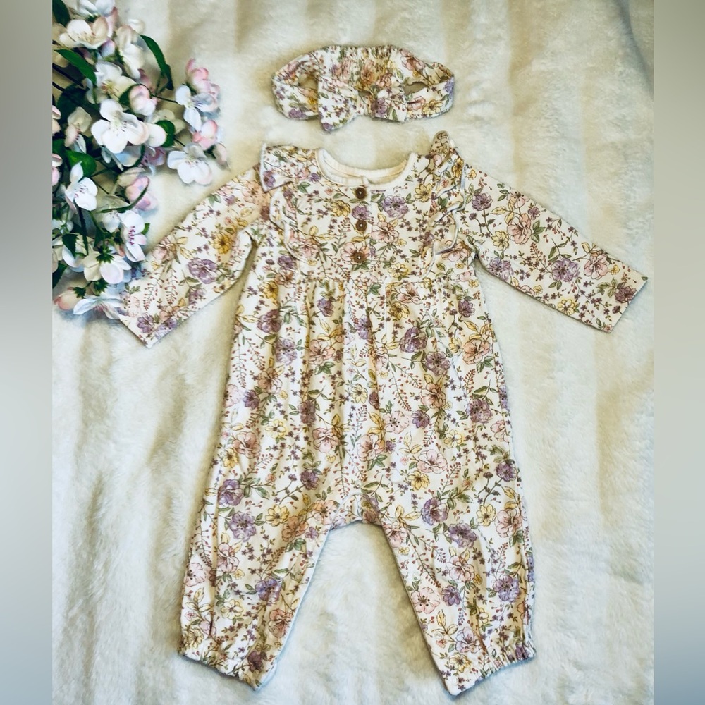 Pastel Floral Print Baby Jumpsuit Romper with Headband Size 12 Months